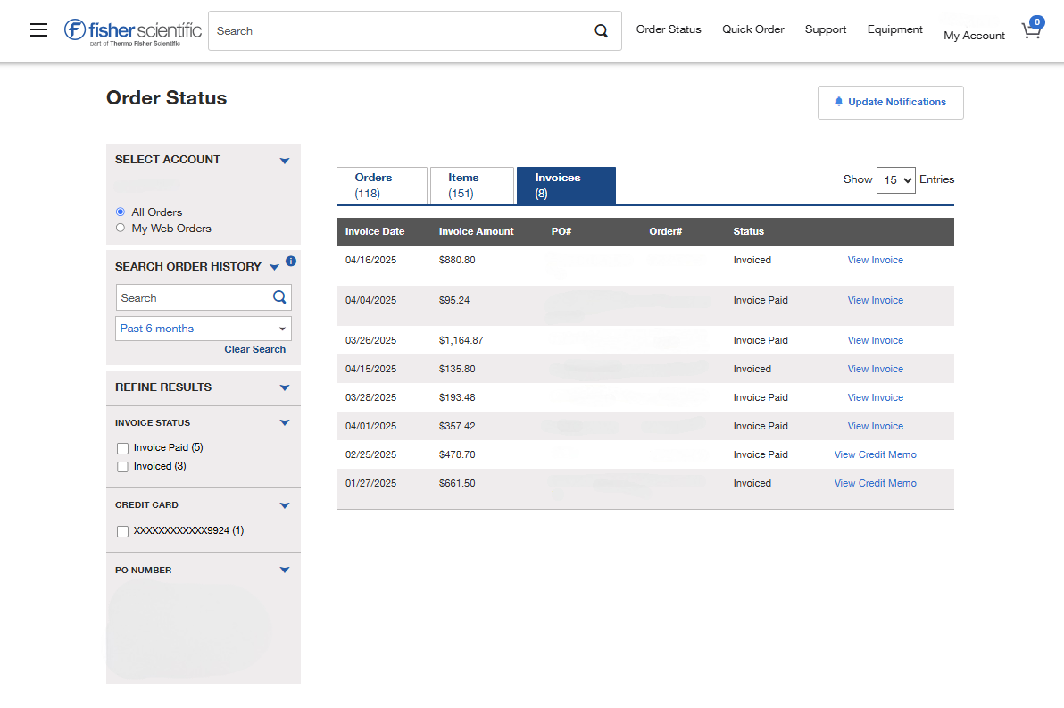 'Order Status' page showing a list of invoices with details like date, amount, PO number, order number, and status. Options to view or update notifications are available.