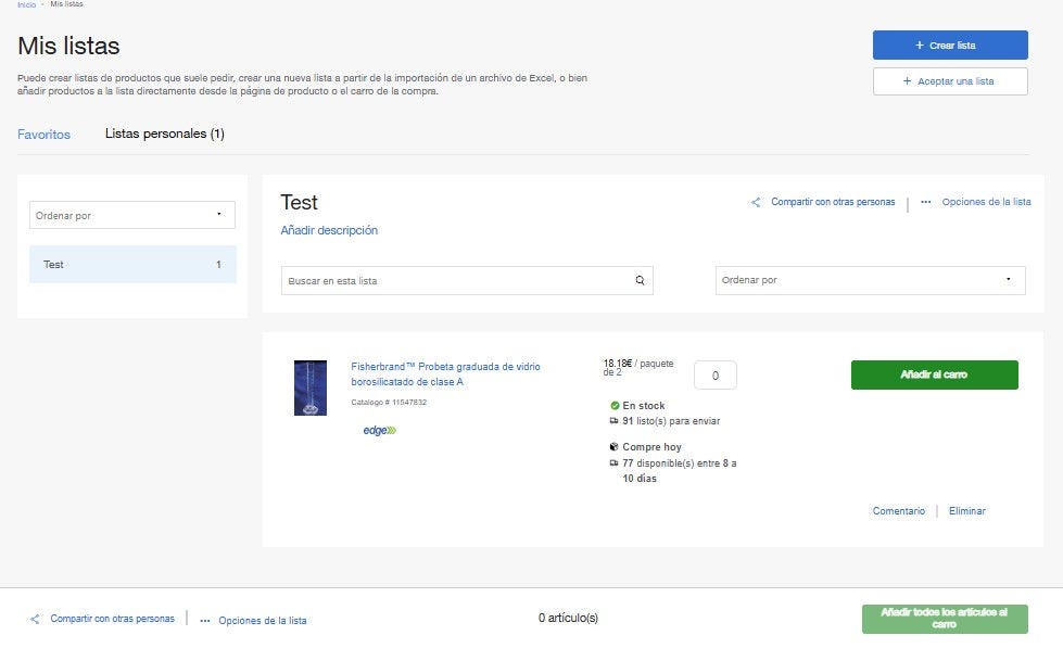 My Lists page on Fisher Scientific's website for creating and managing product lists. Includes tabs for favorites, personal lists, and company lists. Options to add descriptions, search, sort, share, and manage lists. Buttons for adding to cart or subscription.