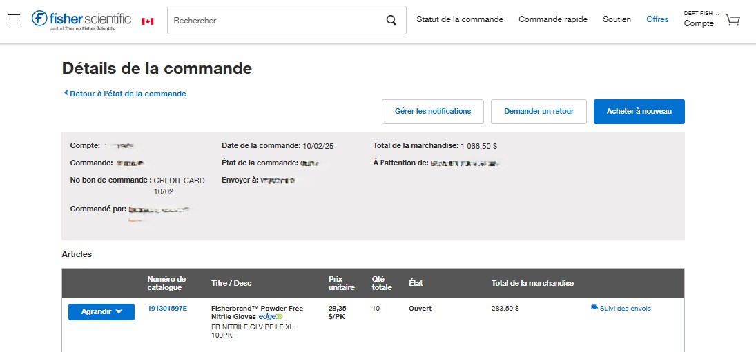 Order Details page on Fisher Scientific's website with order information and options to manage notifications, request a return, and reorder items. Includes a table with item details.