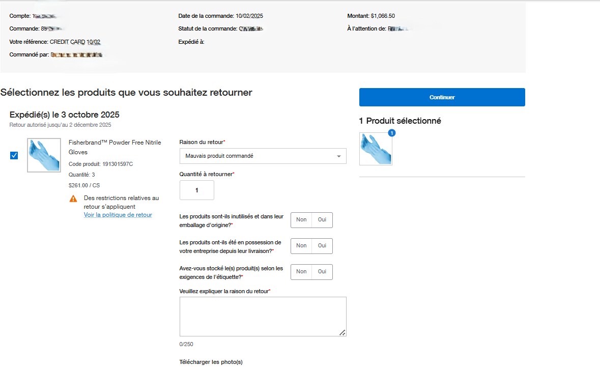 Select the Products You Wish to Return page on Fisher Scientific's website with shipping info, return eligibility, and return restrictions. Includes fields for reason, quantity, product condition, and photo upload. 'Continue' button at the top right.
