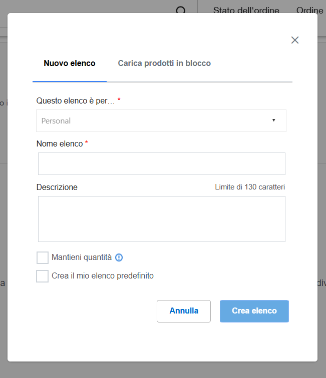 New List creation window on Fisher Scientific's website. Includes tabs for 'New List' and 'Bulk Upload Products'. Form has fields for list details, checkboxes for options, and buttons for canceling or creating the list.