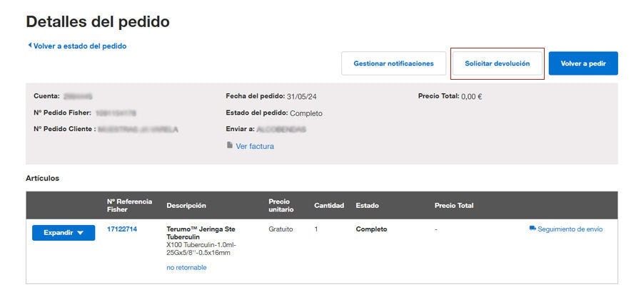 Order Details page on Fisher Scientific's website with order information and options to manage notifications, request a return, and reorder items. Includes a table with item details.
