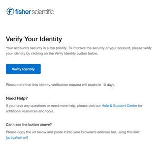 Verify Your Identity page on Fisher Scientific's website with a message to click the 'Verify Identity' button. Includes expiration notice and help links.