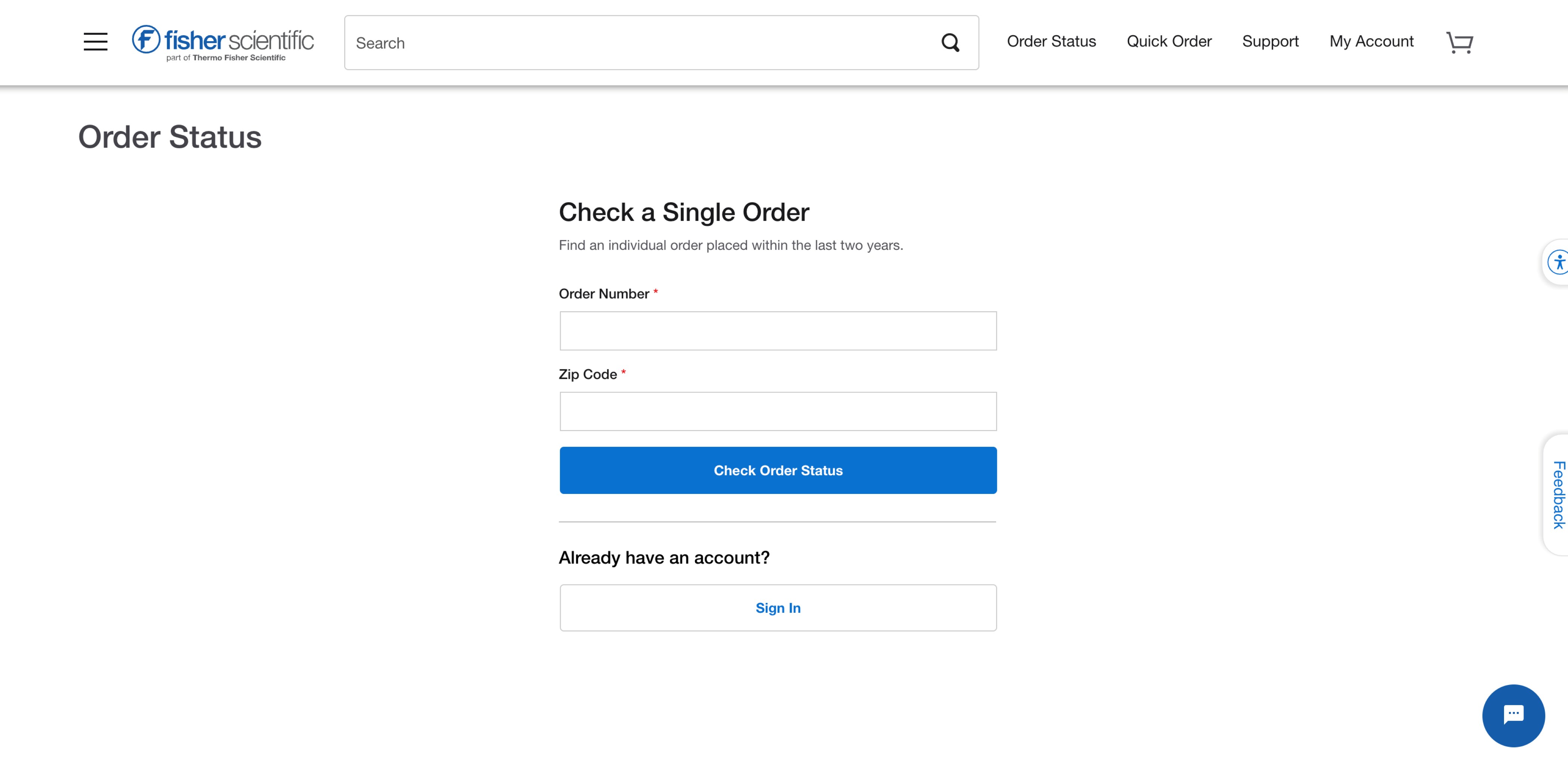 Order Status page on Fisher Scientific's website for checking a single order. Includes input fields for order number and zip code, and a button to check order status. Sign In option is available.
