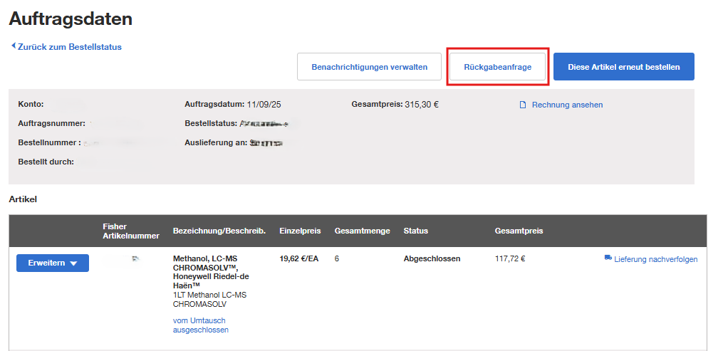 Order Details page on Fisher Scientific's website with order information and options to manage notifications, request a return, and reorder items. Includes a table with item details.