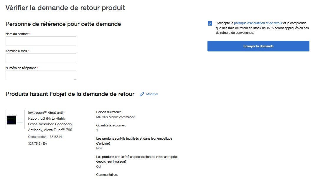 Product Return Request Confirmation page on Fisher Scientific's website confirming the return request. Includes order information, contact details, and product return details. 'Continue Shopping' button is present.