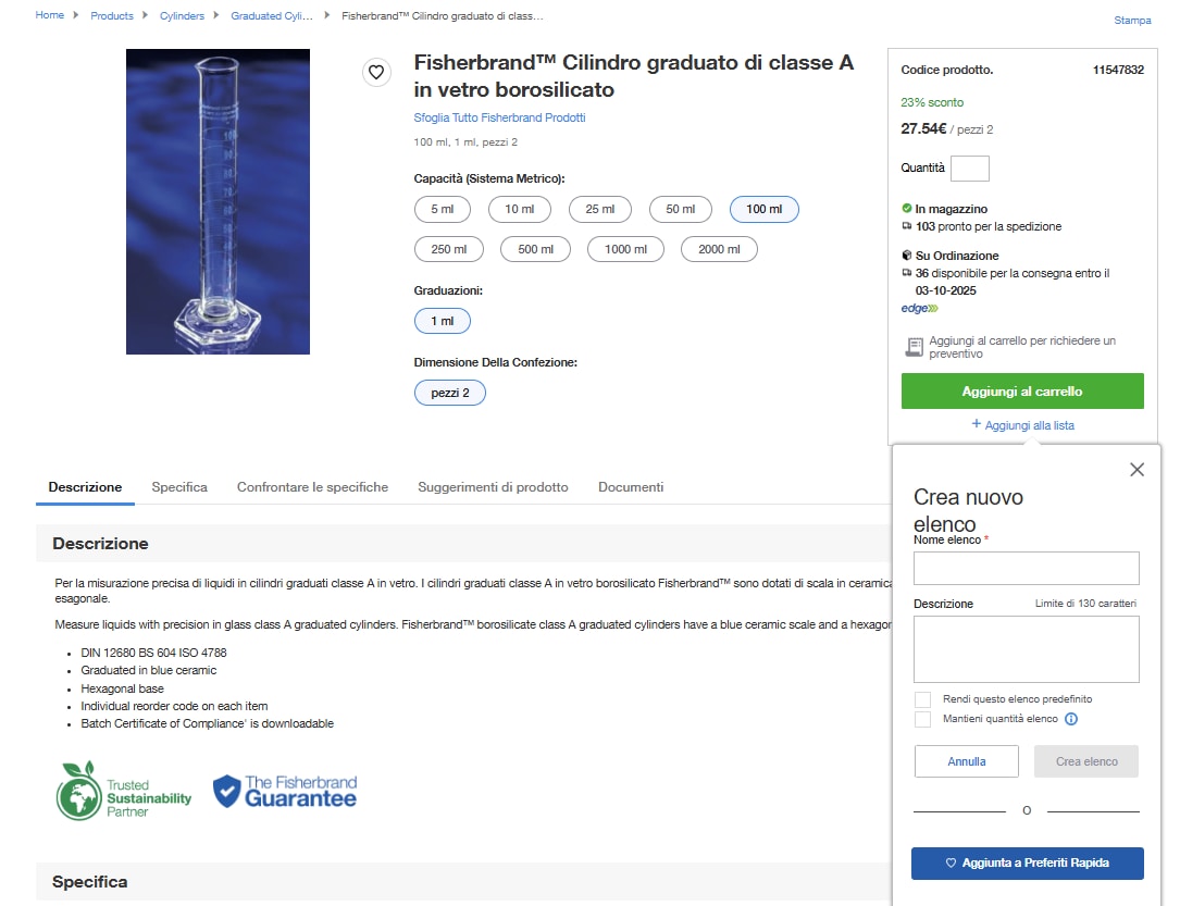 Product page on Fisher Scientific's website for Fisherbrand Comfort Nitrile Gloves with Aloe and Chamomile. Includes an image, product title, size options, pricing, stock status, and buttons for adding to cart or list. Tabs for description, specifications, and product suggestions are present.