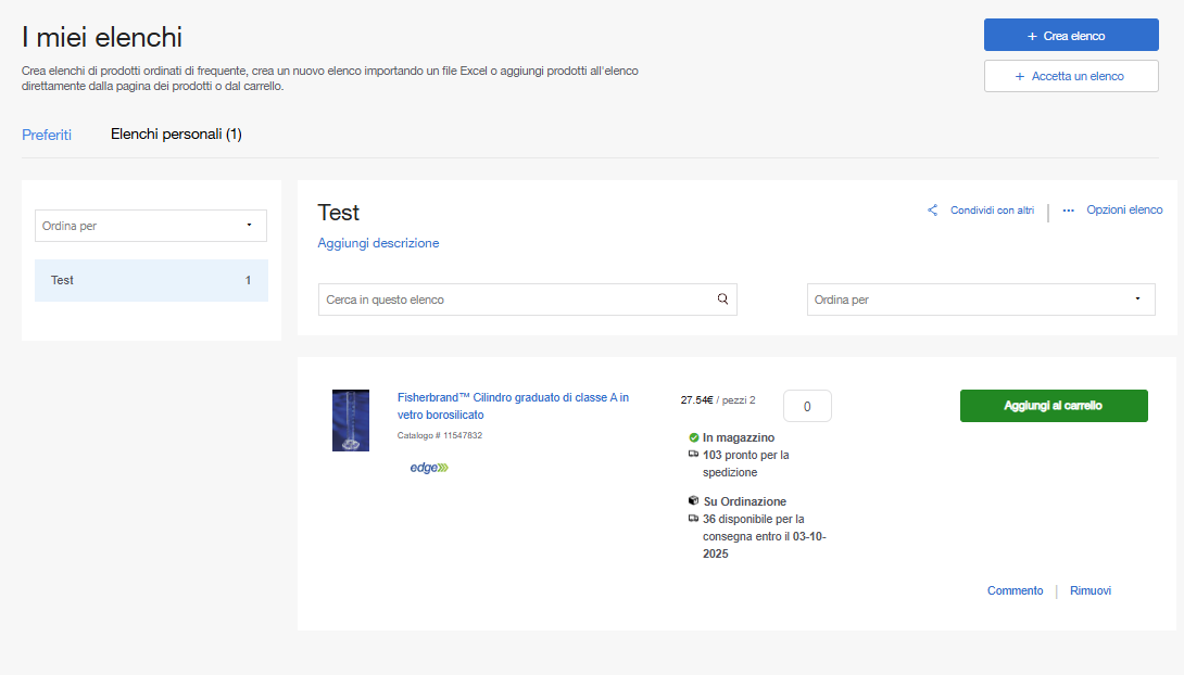 My Lists page on Fisher Scientific's website for creating and managing product lists. Includes tabs for favorites, personal lists, and company lists. Options to add descriptions, search, sort, share, and manage lists. Buttons for adding to cart or subscription.