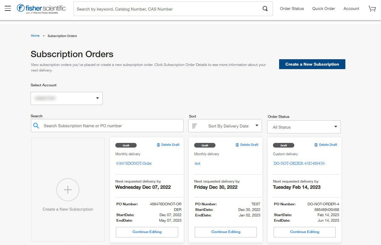Subscription Orders page on Fisher Scientific's website with options to view or create subscription orders. Includes search and filter options, and cards for draft subscriptions with editing and deletion options.