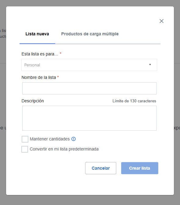 New List creation window on Fisher Scientific's website. Includes tabs for 'New List' and 'Bulk Upload Products'. Form has fields for list details, checkboxes for options, and buttons for canceling or creating the list.