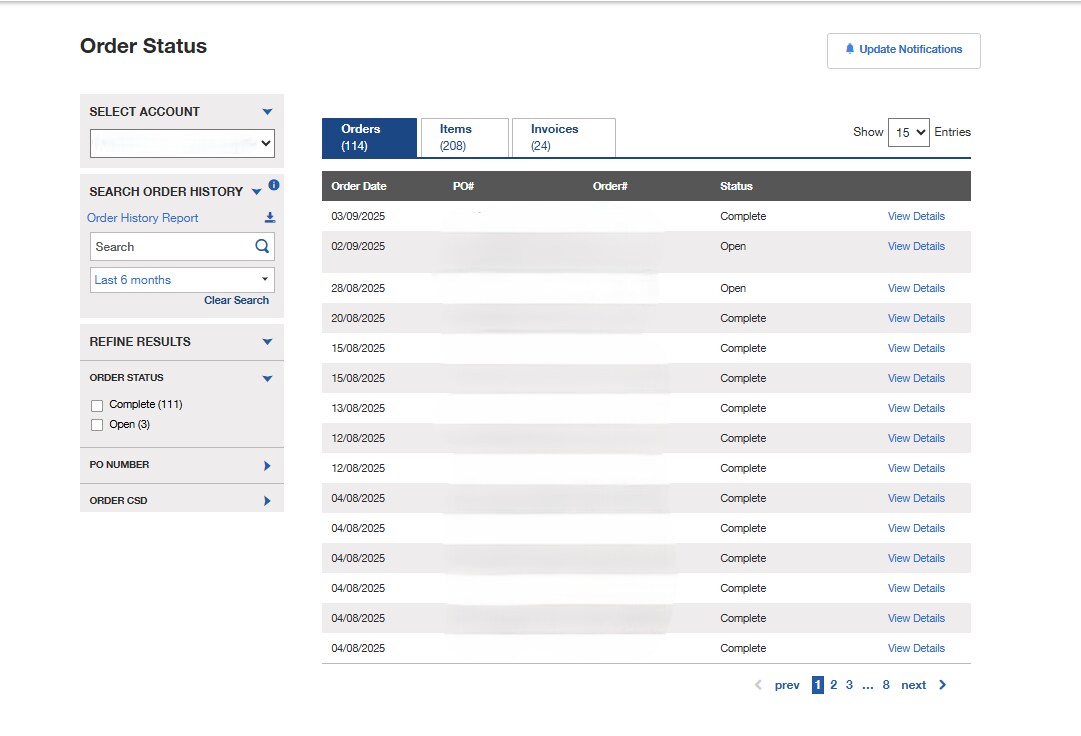 Account Dashboard on Fisher Scientific's website with options to check order status, manage account, and view recent activity. Includes navigation links and summary cards for order status and email notification settings.