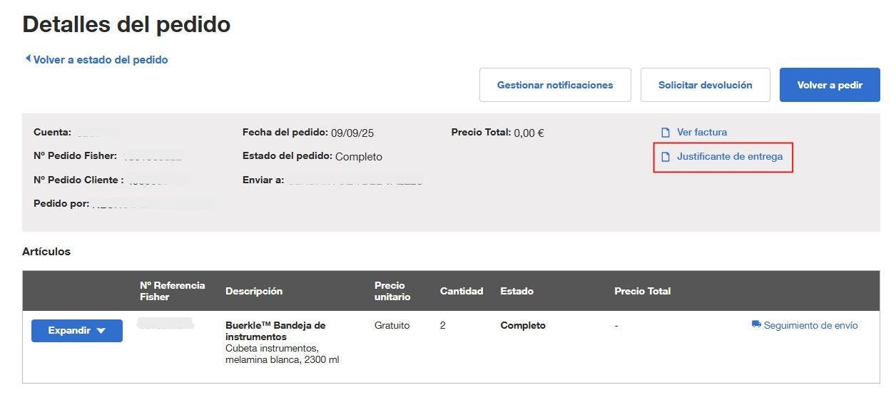 Order Details page on Fisher Scientific's website with order and shipment information. Includes options to manage notifications, reorder items, and view packing slips, invoice, and proof of delivery. Note mentions return period has ended.