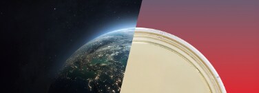 Composition divis&eacute;e en deux parties avec la Terre et une bo&icirc;te de P&eacute;tri